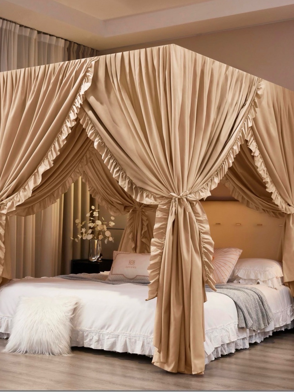 Canopy Bed Curtains Queen Size,Elegant Bed Curtains Bedroom Decor color beige